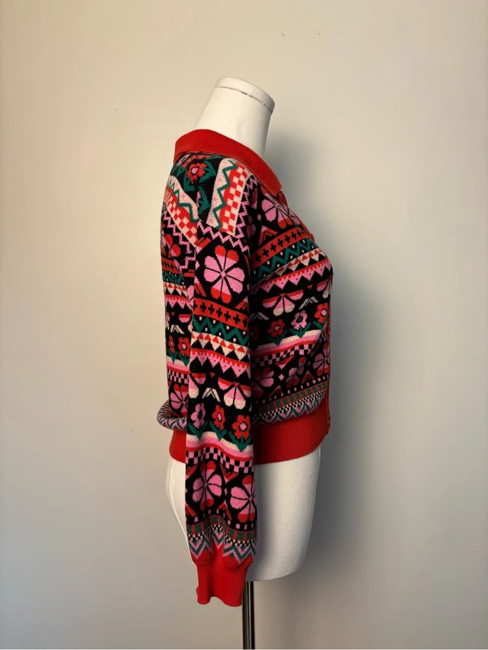 Hanna Anderson Red Floral Fair Isle Button-Up Girls Sweater Sz 10
